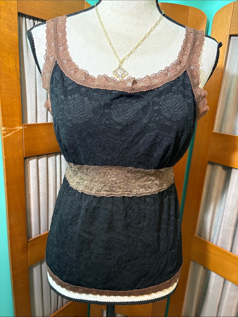 Breezies Y2K vintage Black Lace Tank with Brown Trim and Waistband